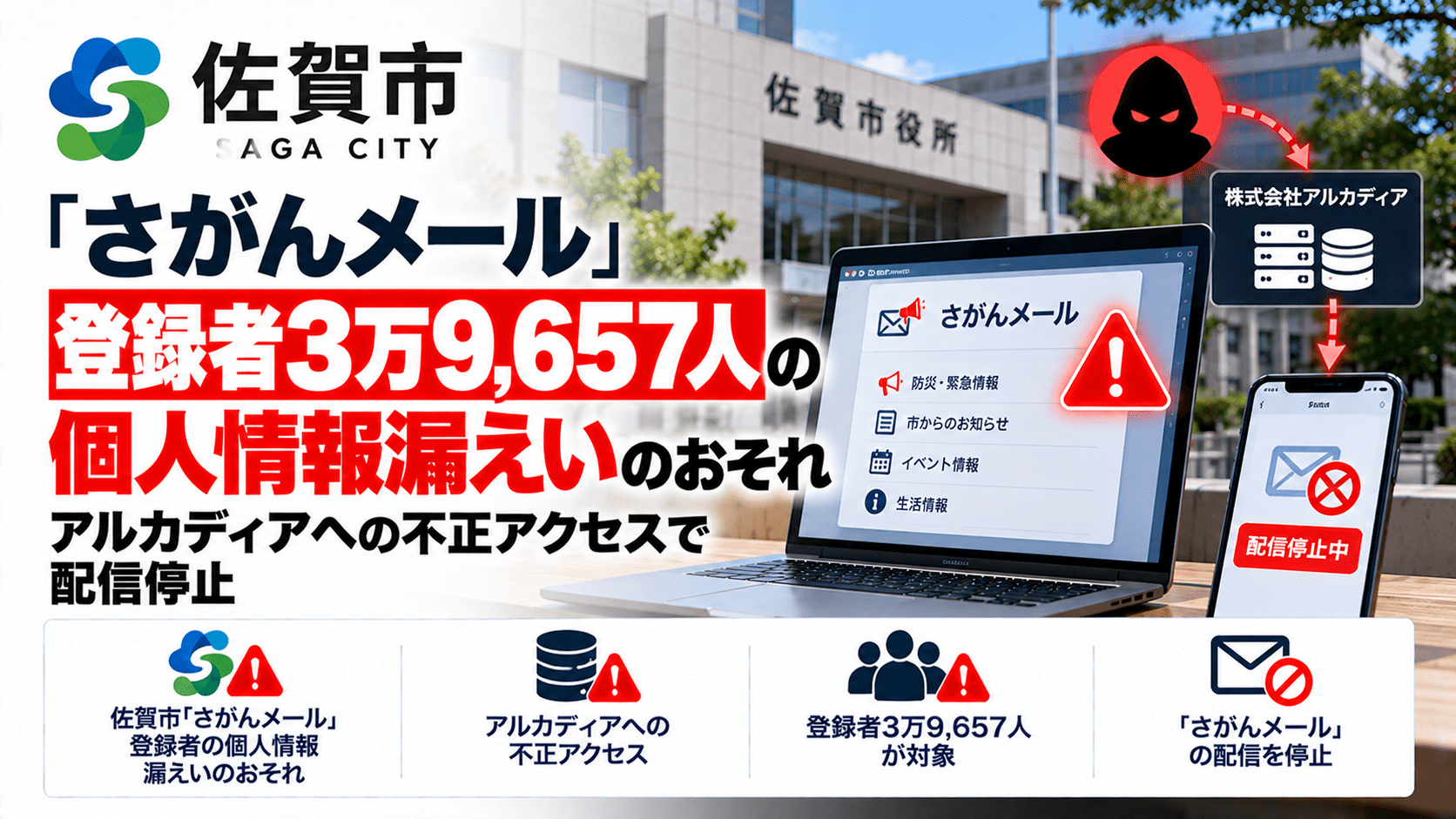 佐賀県 佐賀市「さがんメール」、登録者3万9,657人の個人情報漏えいのおそれ―アルカディアへの不正アクセスで配信停止