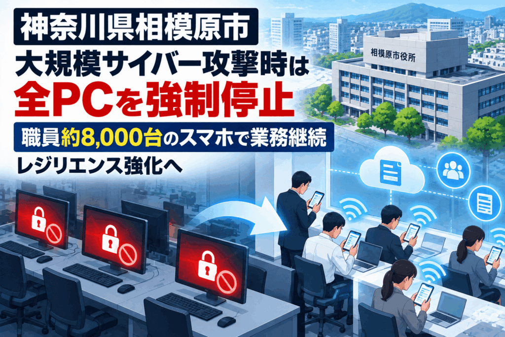 神奈川県相模原市、大規模サイバー攻撃時は全PCを強制停止 職員約8,000台のスマホで業務継続、レジリエンス強化へ|セキュリティニュースのセキュリティ対策Lab 神奈川県相模原市、大規模サイバー攻撃時は全PCを強制停止 職員約8,000台のスマホで業務継続、レジリエンス強化へ