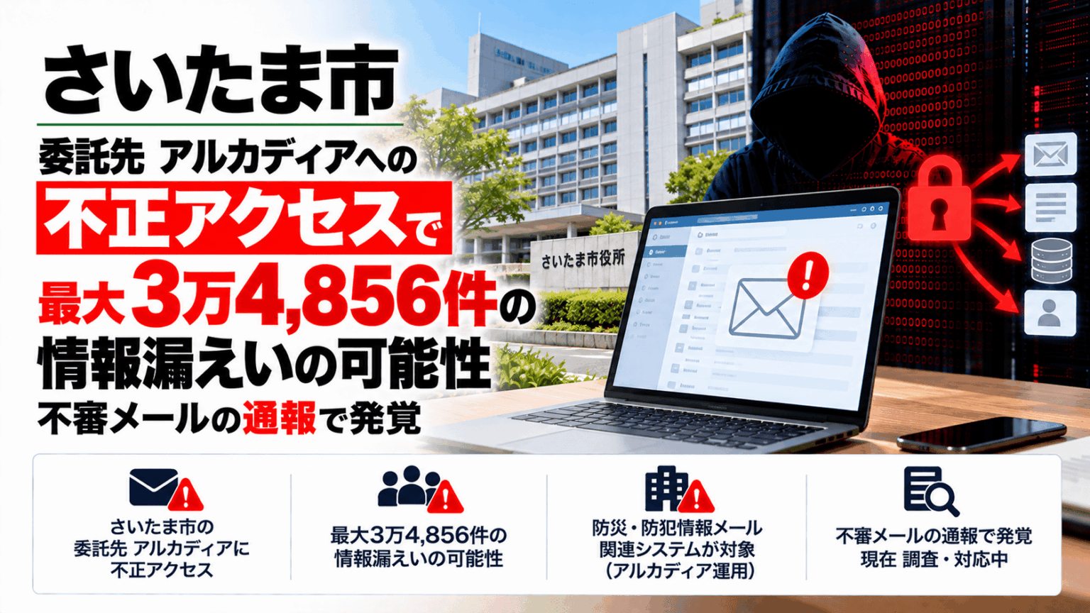 さいたま市、委託先 アルカディアへの不正アクセスで最大3万4,856件の情報漏えいの可能性―不審メールの通報で発覚|セキュリティニュースのセキュリティ対策Lab さいたま市、委託先 アルカディアへの不正アクセスで最大3万4,856件の情報漏えいの可能性―不審メールの通報で発覚
