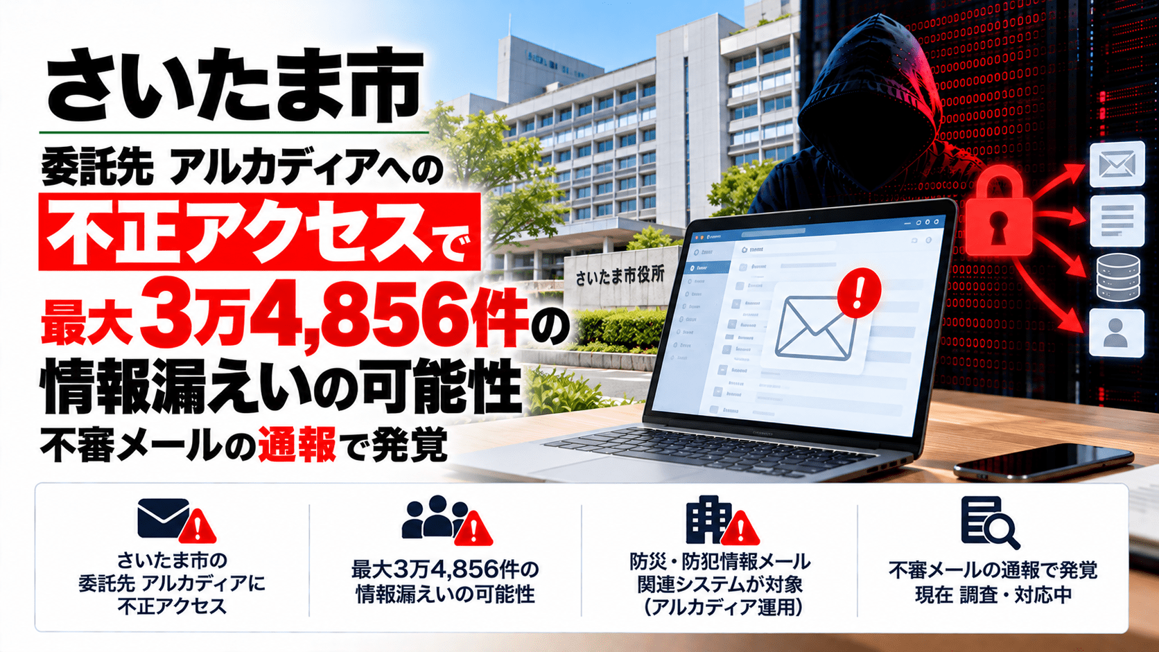 さいたま市、委託先 アルカディアへの不正アクセスで最大3万4,856件の情報漏えいの可能性―不審メールの通報で発覚